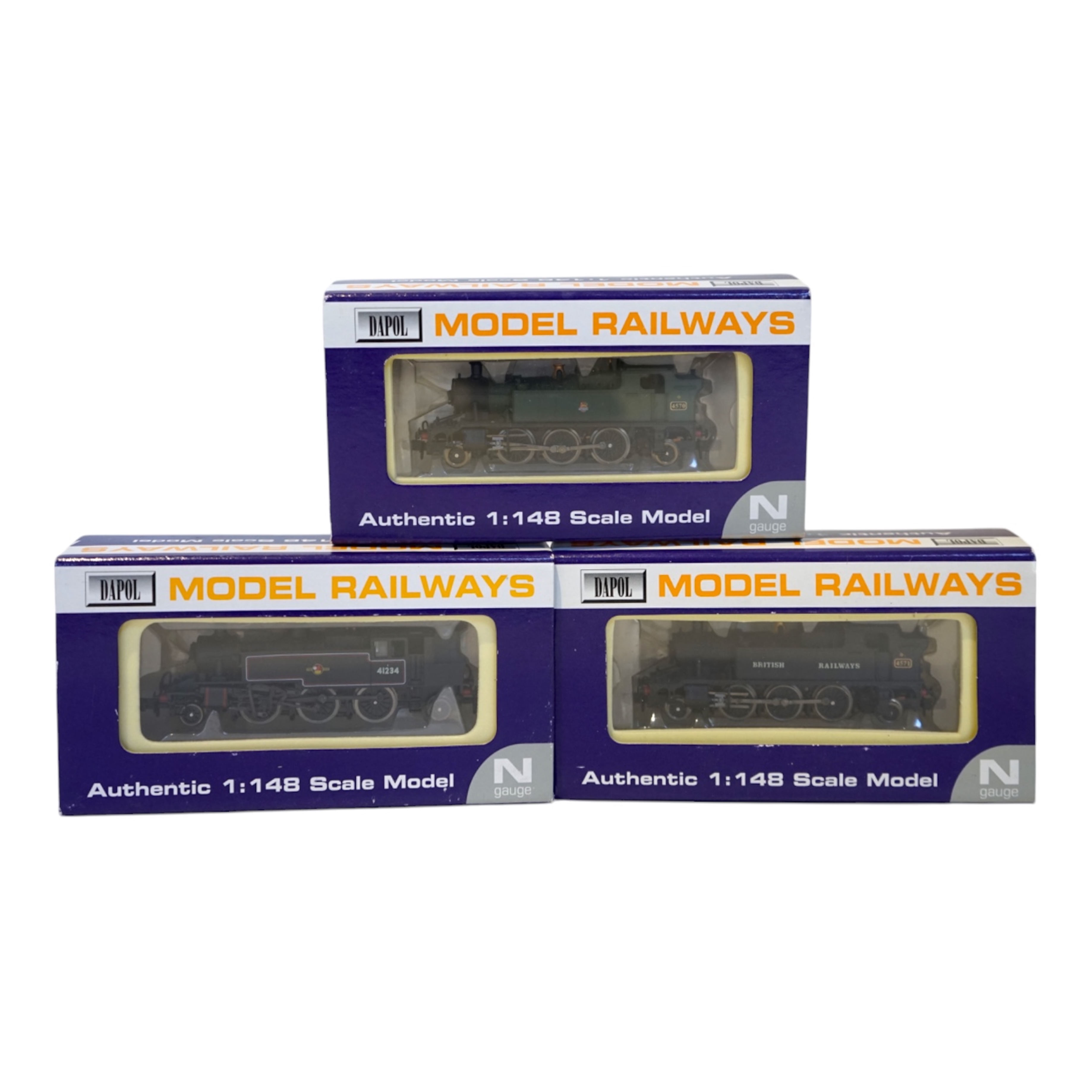 Three boxed Dapol N gauge railway BR tank locomotives; an Ivatt 2-6-2T, 41234 (ND-061A), a Class 45xx, 4571 (ND-024), and a Class 45xx, 4570 (ND-013). Condition - good.